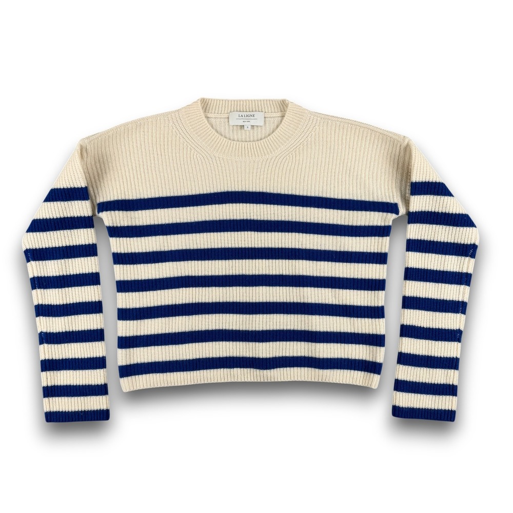 La Ligne Sweater Womens S Cream Blue Striped 100% Cashmere Ribbed Pullover - Picture 2 of 11